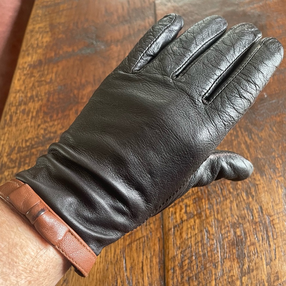 Lauren Ralph Lauren Black Leather Gloves Brown Bow Trim Size Medium
